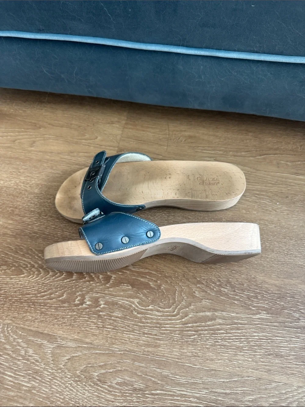 Dr. Scholl's Navy Leather Wood-Platform Slide Sandals